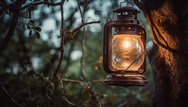 Foto een oude lantaarn die aan een boom hangt en gloeit in de schemering, gegenereerd door ai