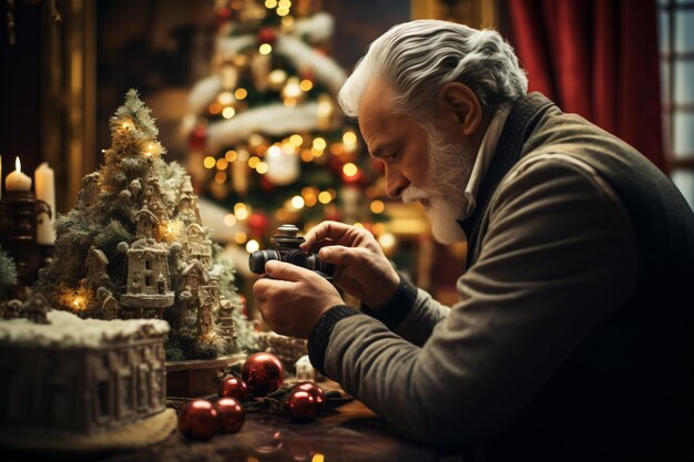 Foto een oude man activiteiten op feestelijke vakantie met kerstboom achtergrond