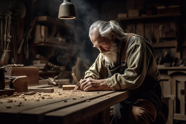 Een oude man die aan hout werkt in een werkplaats Generative Ai