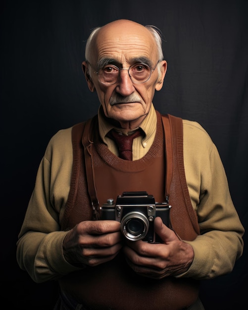 een oude man die een camera vasthoudt en een camera in zijn hand heeft.