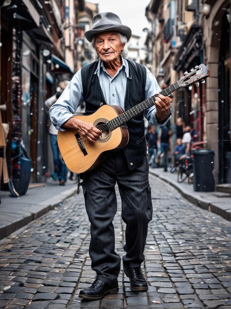 Foto een oude man die gitaar speelt op straat