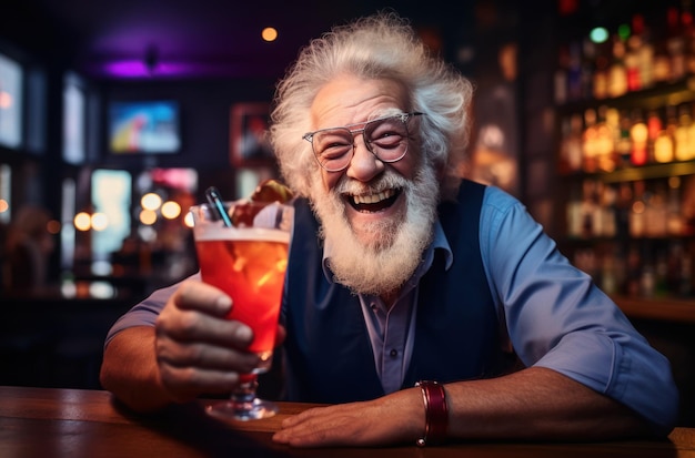 Een oude man lacht in een pub