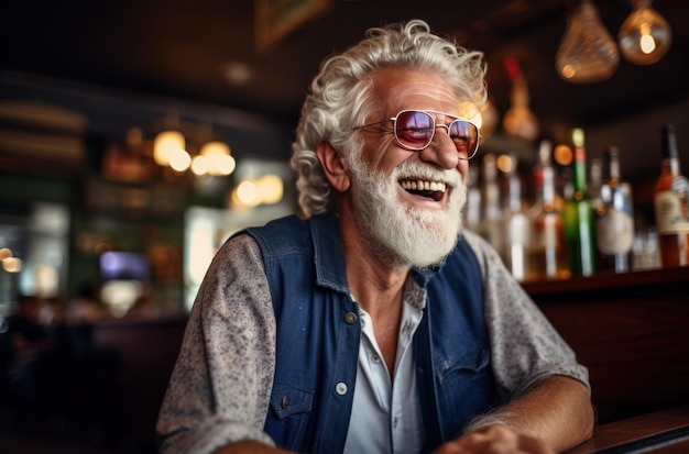 Een oude man lacht in een pub