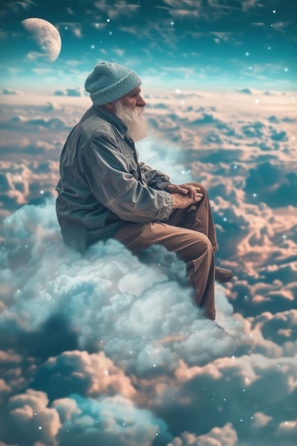 Een oude man met een baard die op een wolk zit en naar de planeet Aarde kijkt 3D illustratie