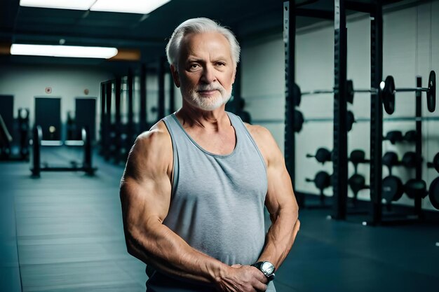 Een oude man met een baard staat in een sportschool met een grote witte baard