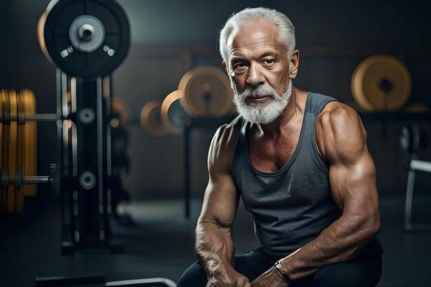 Een oude man met een baard staat in een sportschool met een grote witte baard