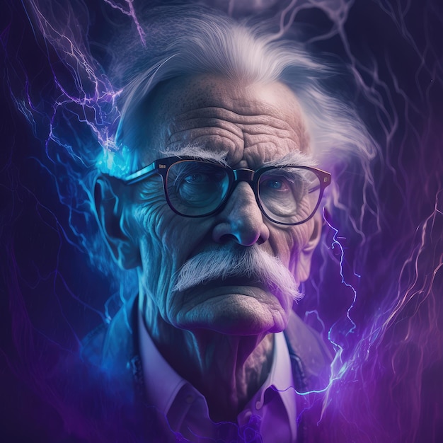 Een oude man met een bril, grijs haar en een snor in bliksem Generative AI