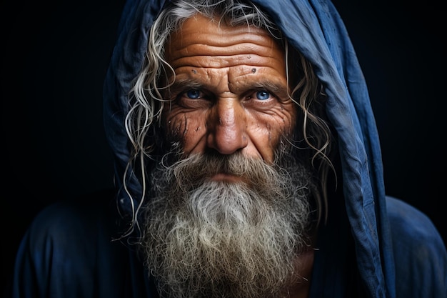 een oude man met een lange baard en blauwe ogen