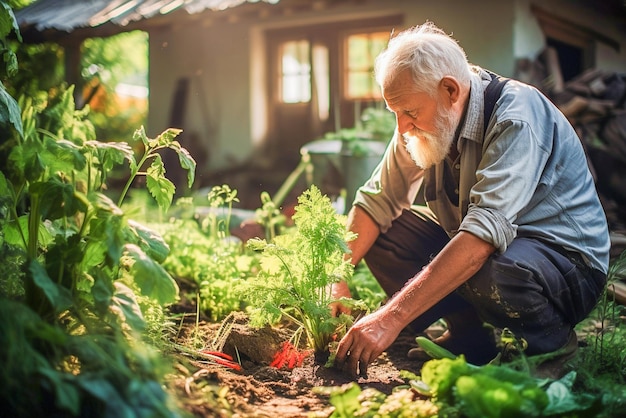 Een oude man plant groenten in zijn tuin bij zijn huis.