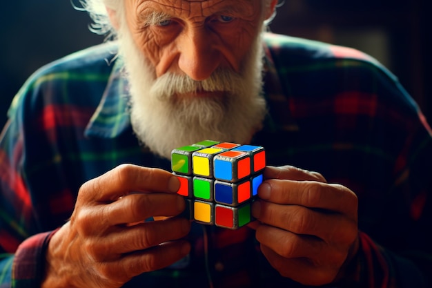 Een oude man speelt met een Rubiks kubus