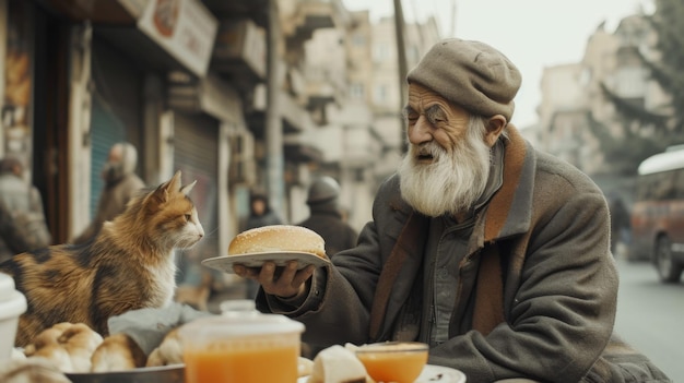 Een oude man speelt op straat en zorgt voor dieren.