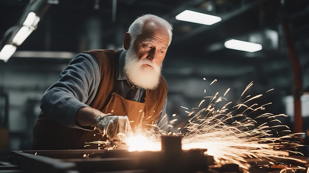 Een oude man werkt in een fabriek Oude man wekt varealisme op hoge detailfoto Sociale ongelijkheid problemen pensioen werk armoede en een moeilijk leven