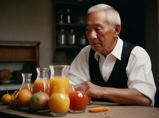 een oude man zit aan een tafel met veel verschillende soorten fruit