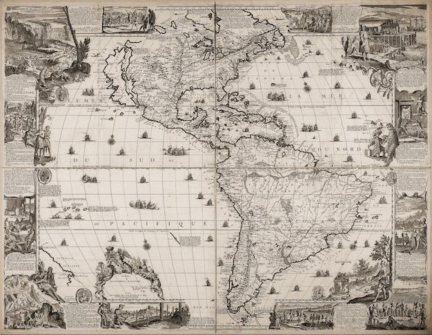 Een oude middeleeuwse kaart van Amerika door Nicolas de Fer 1698 Sepia