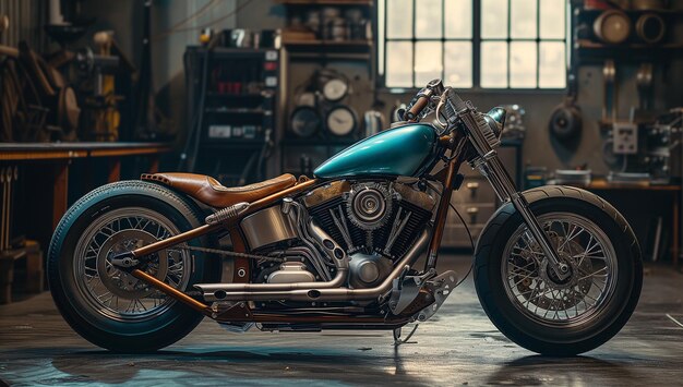 Een oude motorfiets geparkeerd in een garage