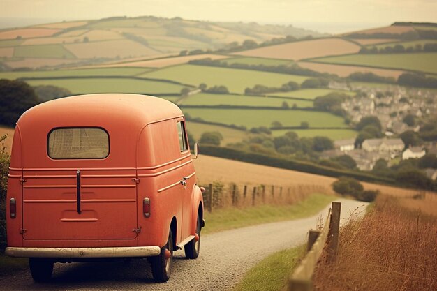 Foto een oude oranje bus rijdt over een landelijke weg.