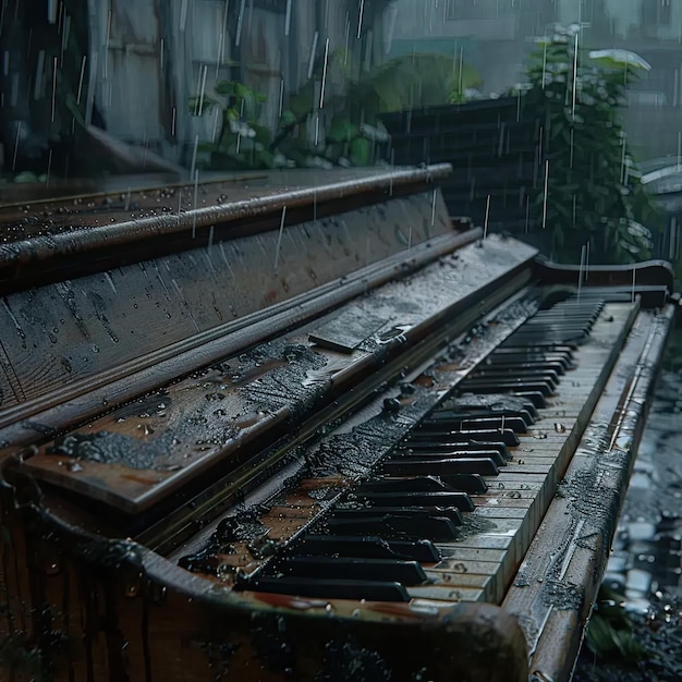 Een oude piano in de regen.