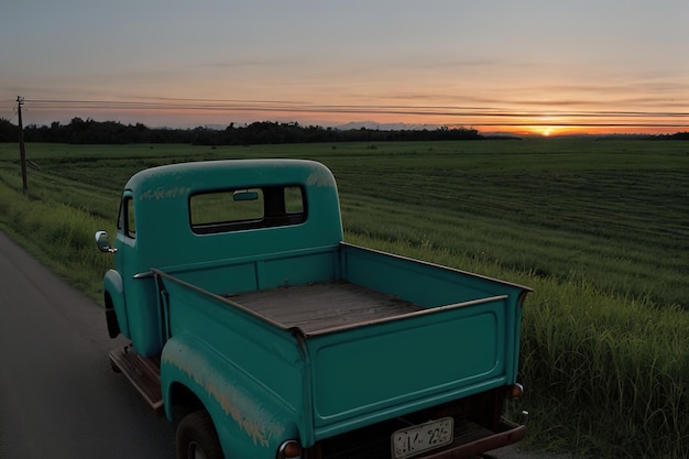 Een oude pick-uptruck rijdt over een landelijke weg