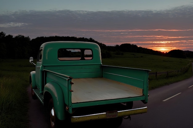 Foto een oude pick-uptruck rijdt over een landelijke weg