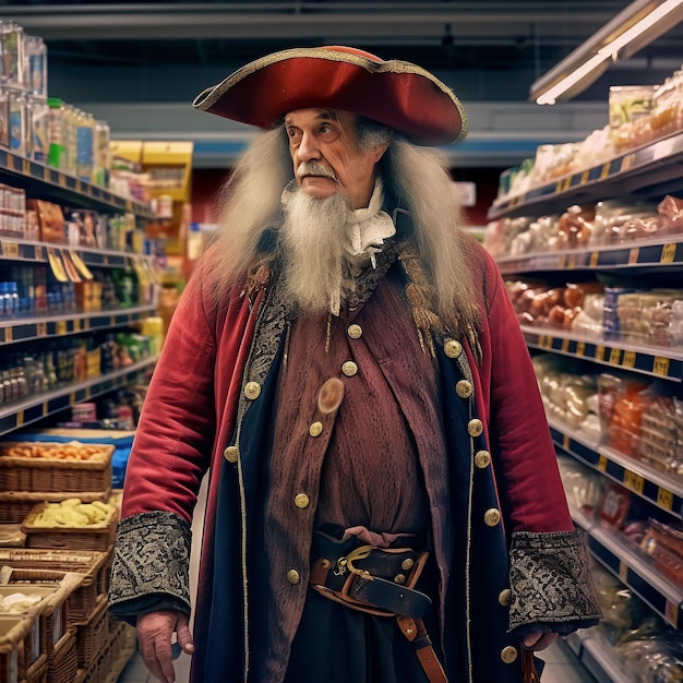 Foto een oude piraat uit het jaar 1834 gaat in het jaar 2021 naar de supermarkt