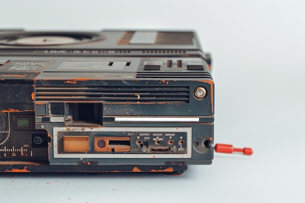 Foto een oude radio op een tafel, perfect voor nostalgische of retro-ontwerpen.