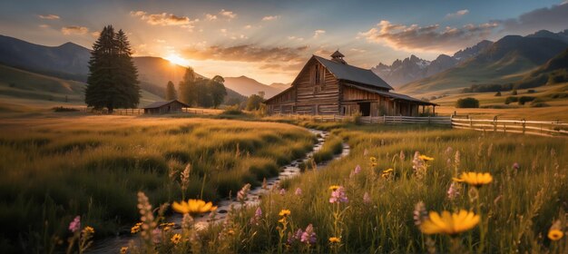 Een oude ranch in de bergen bij zonsondergang.