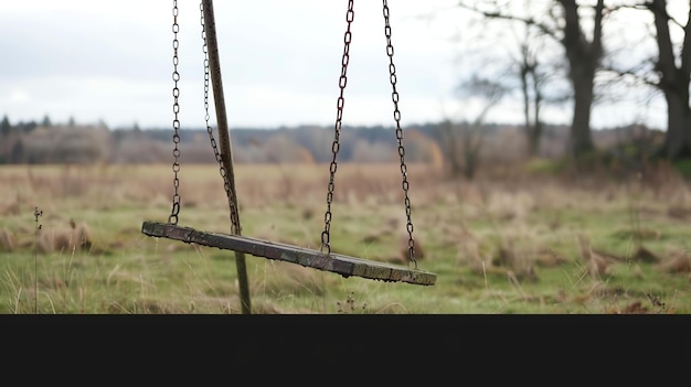 Een oude roestige schommel hangt aan een boom in een overgroeid veld de kettingen zijn roestig en de stoel is gebroken de achtergrond is een vage van bomen en gras