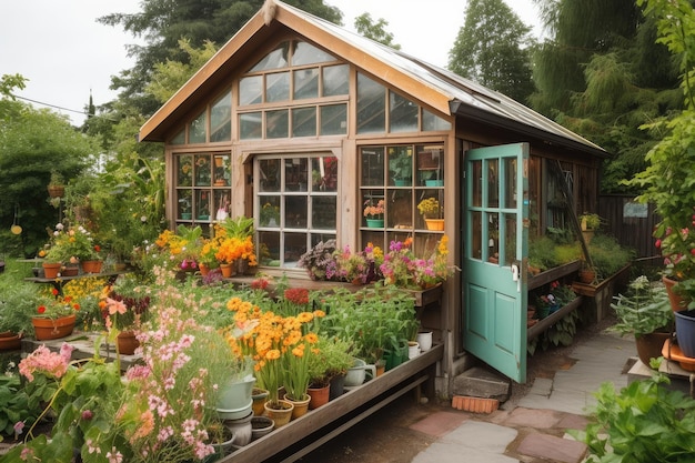 Een oude schuur met daaraan een nieuwe kas vol kleurrijke bloemen