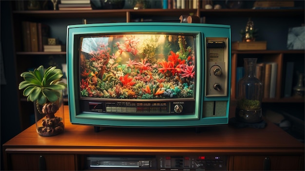 Een oude televisie met een groen scherm waarop "vis" staat.