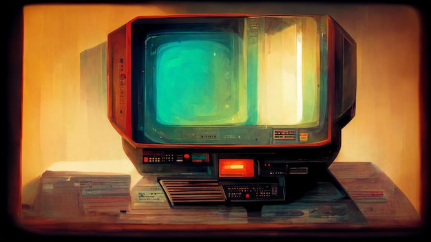Een oude televisie zit bovenop een houten tafel generatieve ai