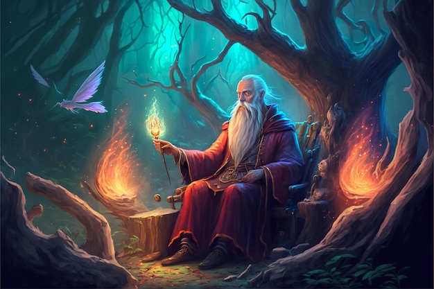 Een oude tovenaar die een spreuk uitspreekt in het mystieke bos