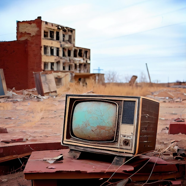 Een oude tv die op de ruïnes van een huis ligt Een postapocalyptische verwoeste stad Verwoeste gebouwen