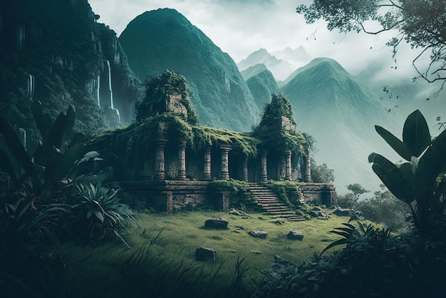 Een oude verwoeste tempel in een weelderige, dichte jungle met bergen in de verte