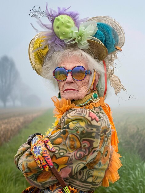 een oude vrouw die een kleurrijke outfit draagt met een hoed aan en een kleurrijk outfit aan