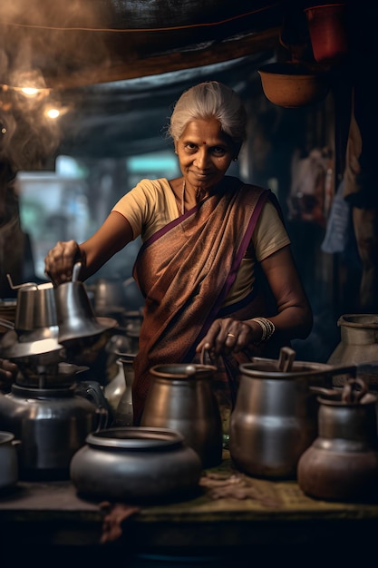 een oude vrouw die in een keuken kookt met potten en potten