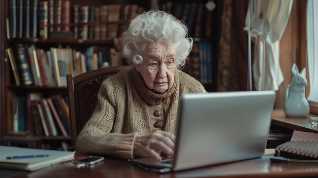 Een oude vrouw die op een bureau zit en een laptop gebruikt een gezellige en zachte dromerige sfeer