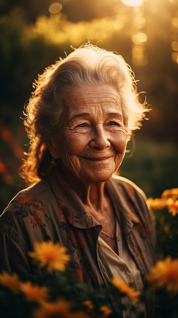 Een oude vrouw in een bloemenveld