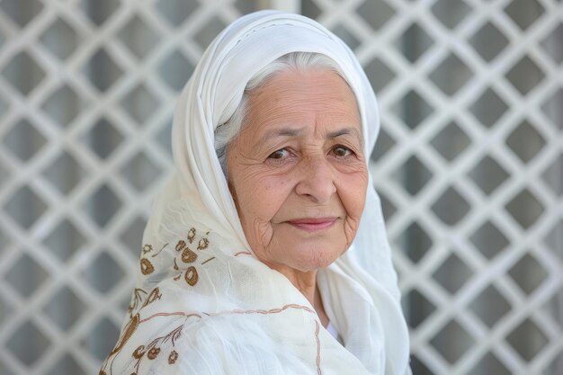 Foto een oude vrouw in een witte sari met een bloempatroon op de top