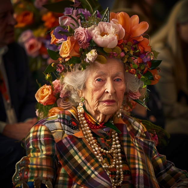 een oude vrouw met een bloemkroon op haar hoofd