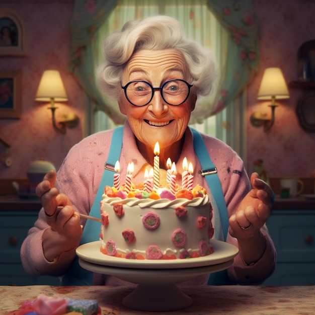 een oude vrouw met een bril die zegt gelukkige verjaardag