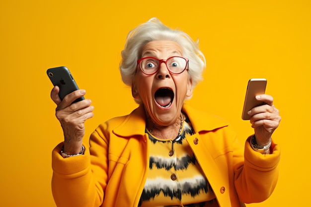 Een oude vrouw met een bril en een gele jas houdt een telefoon en een gele achtergrond vast