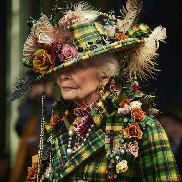 Foto een oude vrouw met een hoed met bloemen erop