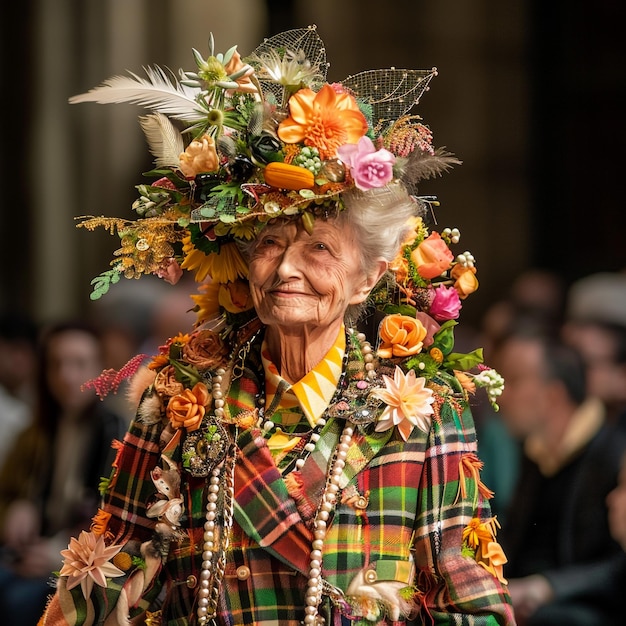 een oude vrouw met een hoed met bloemen erop