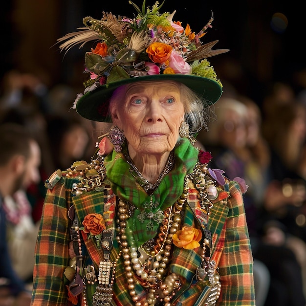 een oude vrouw met een kleurrijke hoed met bloemen erop