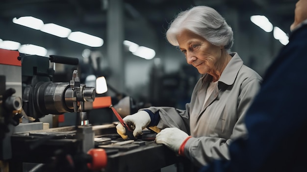 Een oude vrouw werkt in een fabriek Oude man wakkert varealisme aan Hoge detailfoto Sociale ongelijkheid veroorzaakt pensioen, armoede en een zwaar leven