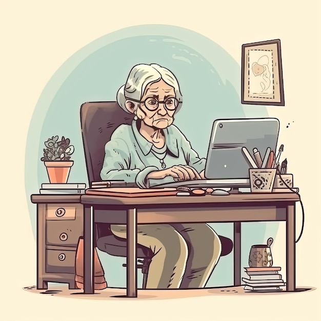 Een oude vrouw zit aan een bureau met een laptop en een plant op de bodem.