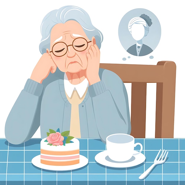 een oude vrouw zit aan een tafel met een taart en een kop thee