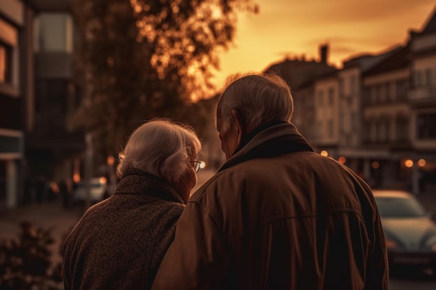 Een ouder echtpaar dat 's avonds wandelt met een zonsondergang op de achtergrond