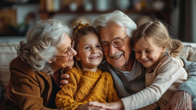 Een ouder echtpaar en twee jonge meisjes knuffelen elkaar op een bank