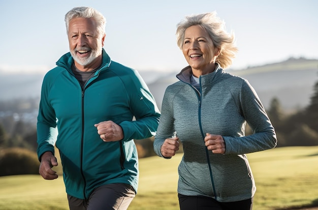 Een ouder echtpaar is aan het joggen in een open veld